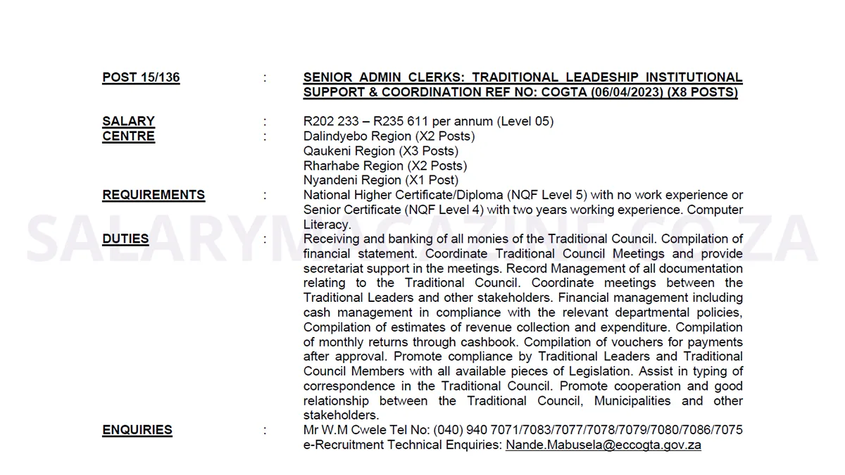 SENIOR ADMIN CLERKS: TRADITIONAL LEADESHIP INSTITUTIONAL SUPPORT & COORDINATION REF NO: COGTA (06/04/2023) (X8 POSTS)