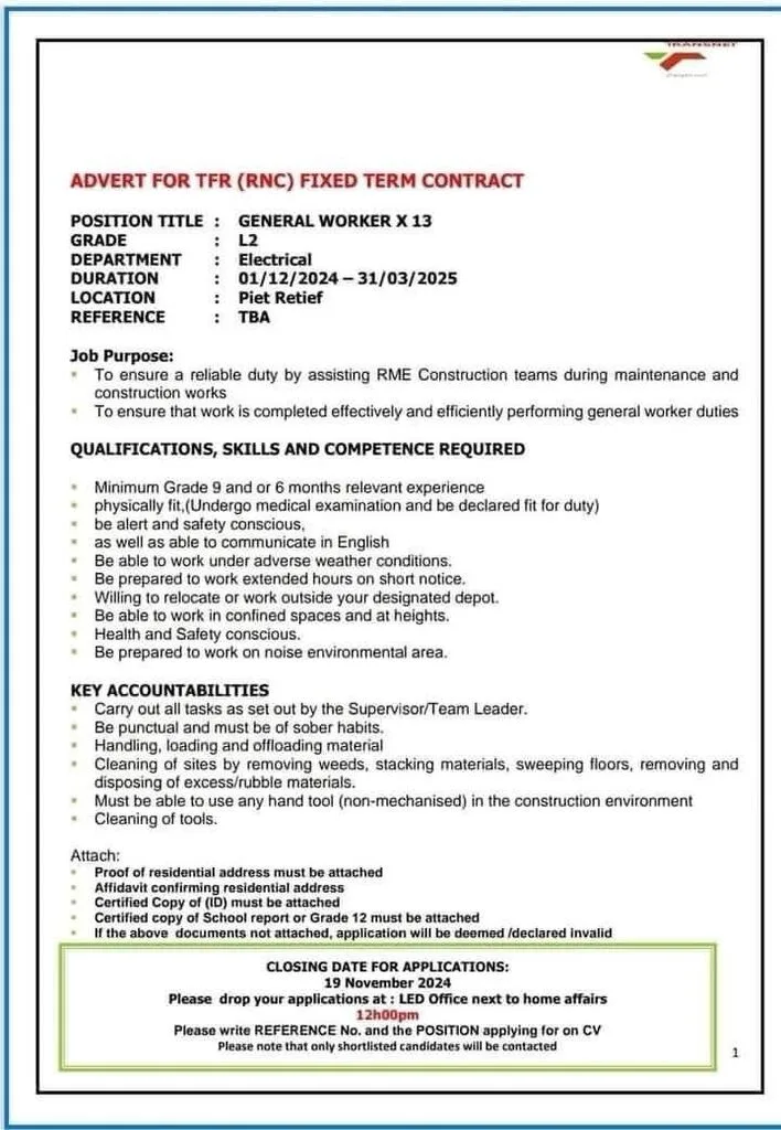 Transnet is recruiting for General Workers x13 posts. Apply with Grade 9!

