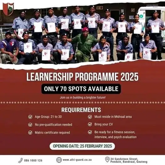 Security Officer Learnership Programme: 70 Spots Available for Unemployed Youth at Afri Guard